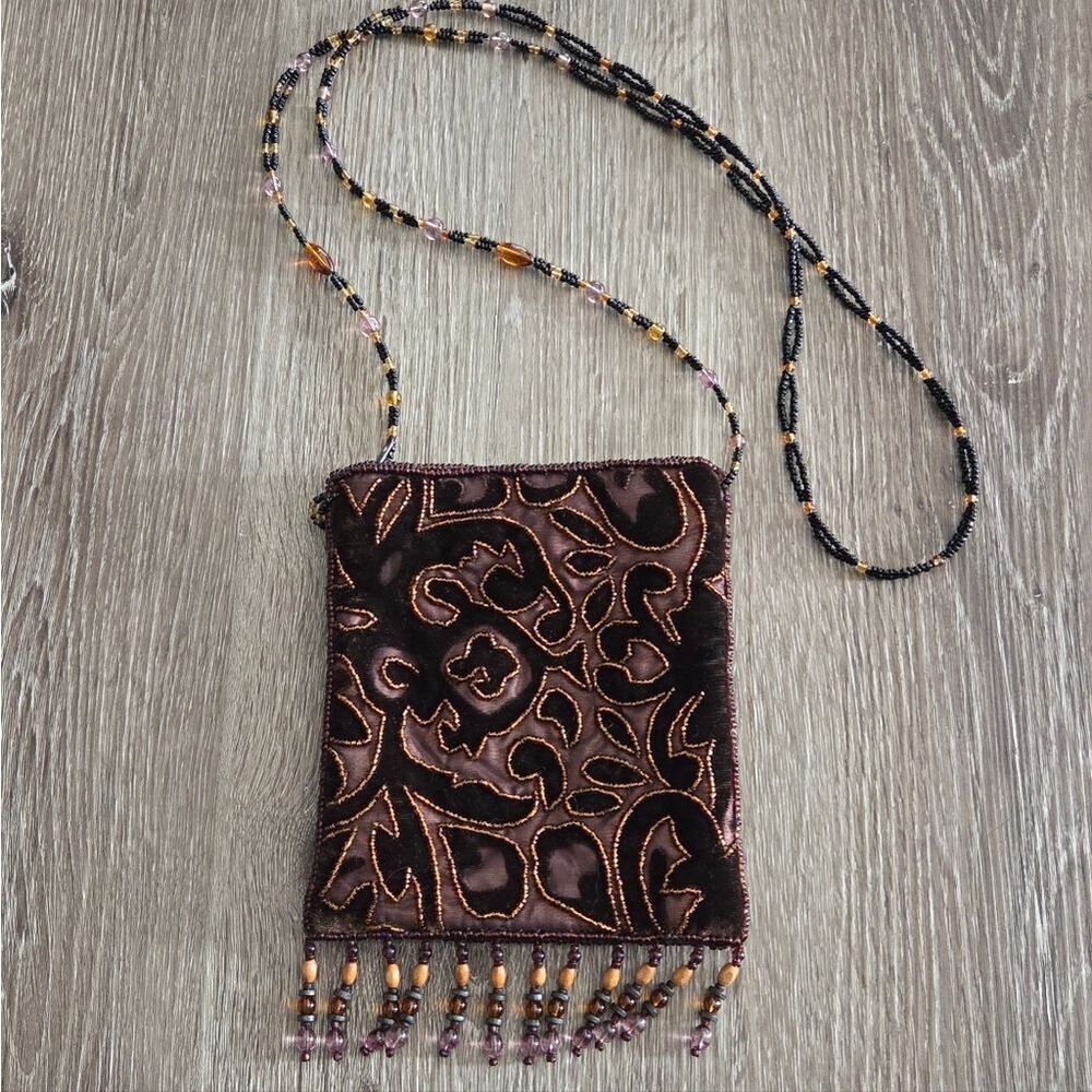 VINTAGE 1990s BEADED SOFT VELVET BROWN CROSSBODY PURSE